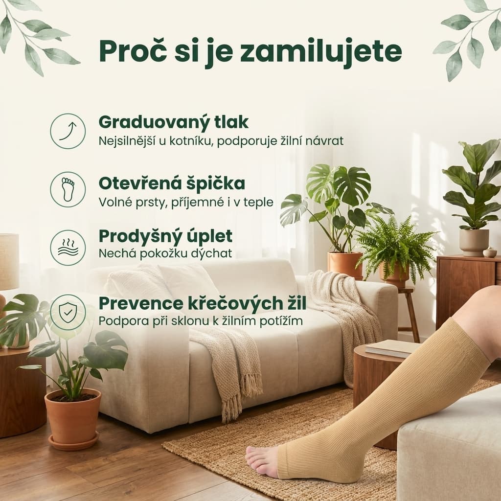 Kompresní podkolenky s otevřenou špičkou – graduovaný tlak, prodyšný úplet a prevence křečových žil